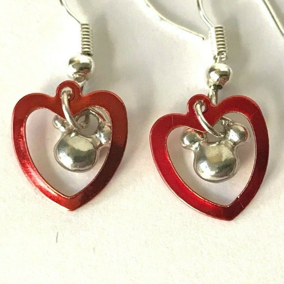 Disney Parks Mickey Mouse Icon Ears Earrings Red Heart Disneyana Silver Plated - Picture 2 of 8